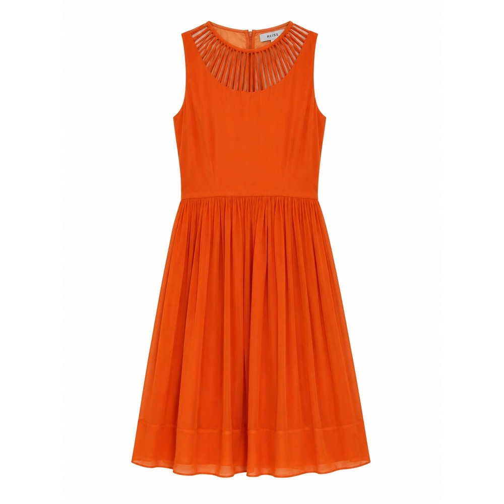 REISS Orange 100% Silk Cage Neckline Sleeveless Cocktail Dress Womens Size 4 - Picture 2 of 11